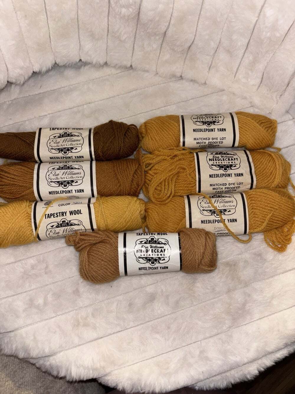 Vintage Elsa Williams Tapestry Wool Needlepoint Yarn Lot - 7 Skeins Earthy Gold